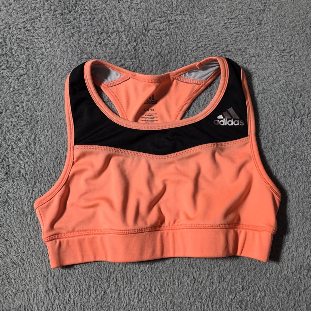 Adidas Girls L 14 Sports Bra Coral Black Racerback Athletic Mesh Trim Logo